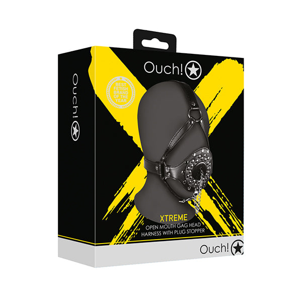 Ouch! Xtreme Head Harness with open mouth gag and plug stopper