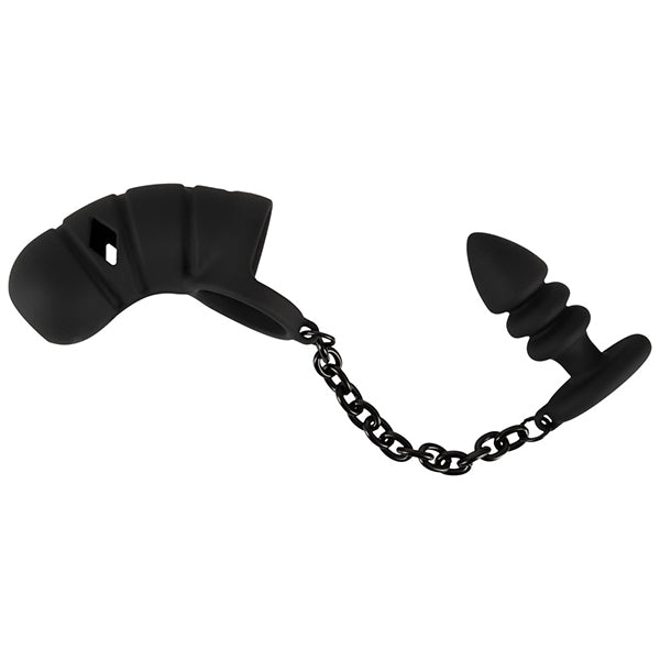 Black Velvets cock cage with butt plug