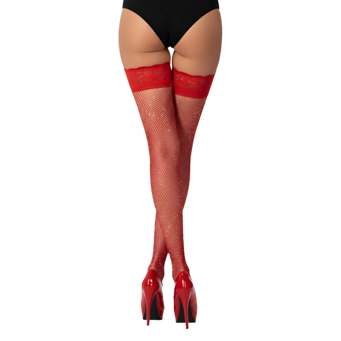 Lace by LJ Fishnet thigh-high stockings with rhinestones