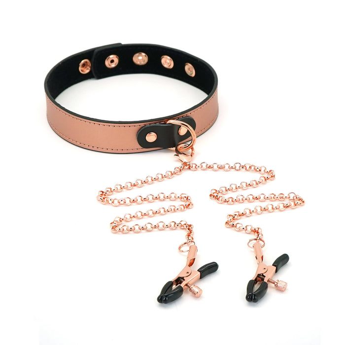 Rose Gold Memory - Leather Thin Collar with Nipple Clamps