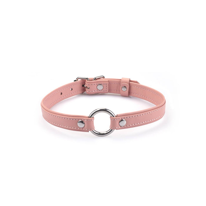 2cm Wide Heron Leather Mini O Ring Collar Silver Hardware: Pink
