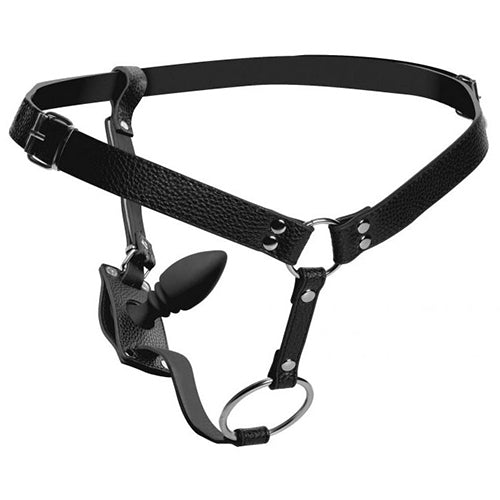 Strict Leather male harness with anal plug